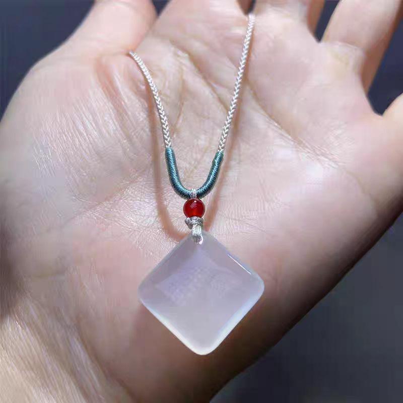 White Chalcedony Cat Pendant and Jade Bracelet Set