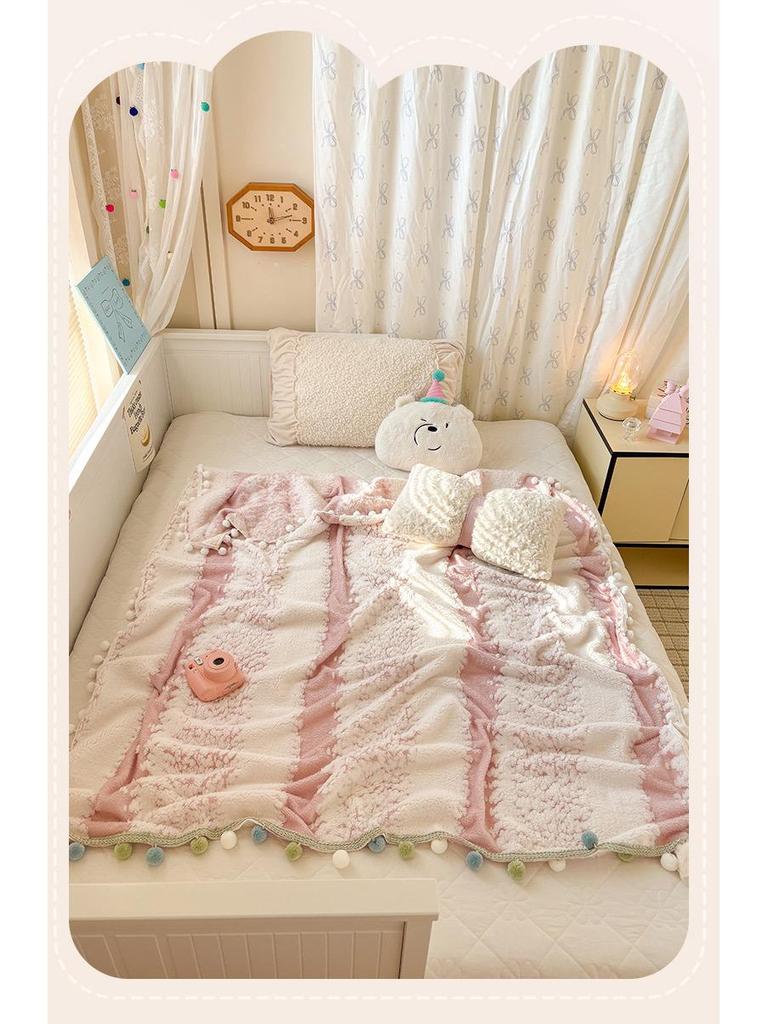 250G Two-Color Cationic Jacquard Throw Blanket with Small Handmade Pom-Poms