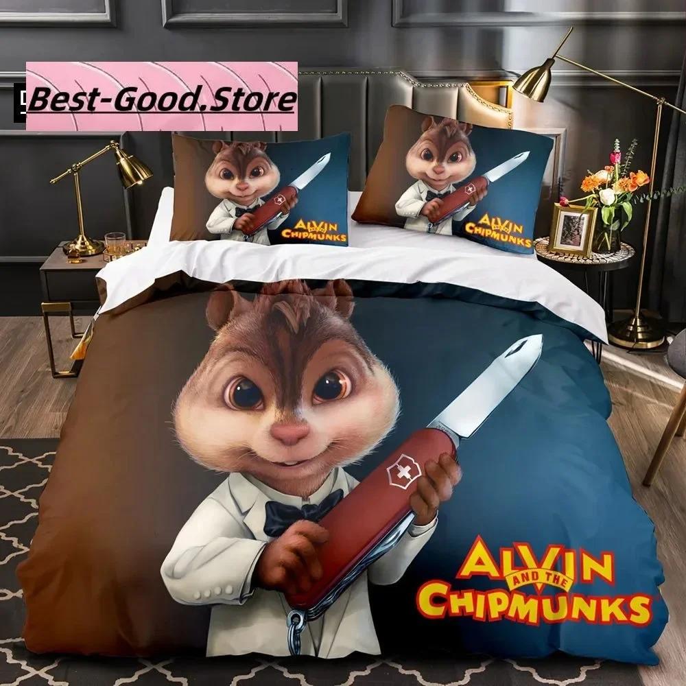 3D Kreslený C-Chipmunk A-Alvin Ložní Sada Tištěná Ložní Sada s Povlakem na Polštář Přikrývka na Postel Jednolůžko Dvoulůžko Queen Super King Size