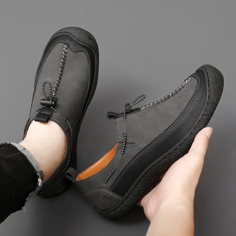 Men Handmade Leather Shoes Casual Hiking Shoes Outdoor Walking Driving Shoes Wide Head Over Sized Red Slip On