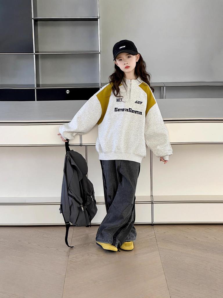 Bluza dla dziewczynek w stylu koreańskim z patchworkowym blokiem kolorów, zapinana na pół zamek - modna i stylowa na jesień