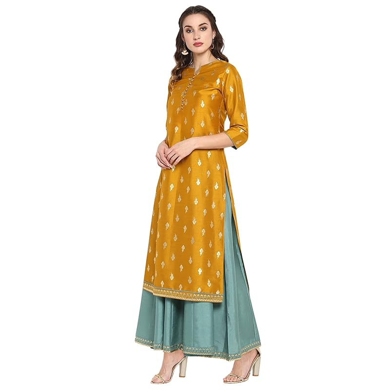 Janasya Womens Midi Silk Blend Print Anarkali Ethnic Dress (J0006-SET-M) Mustard L горчичный