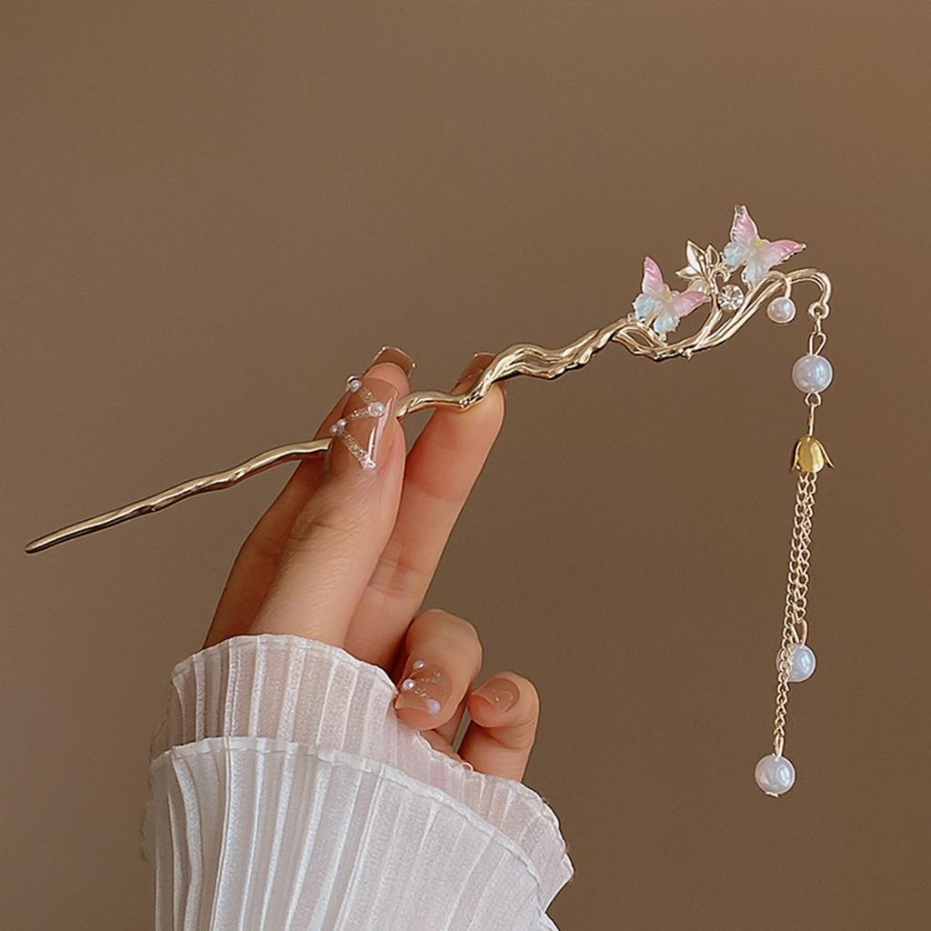 Elegant Flower Butterfly Hair Sticks Forks Ancient Chinese Chopsticks Style Hairpins Ponytail Holder Pearls Tassel Hair Jewelry