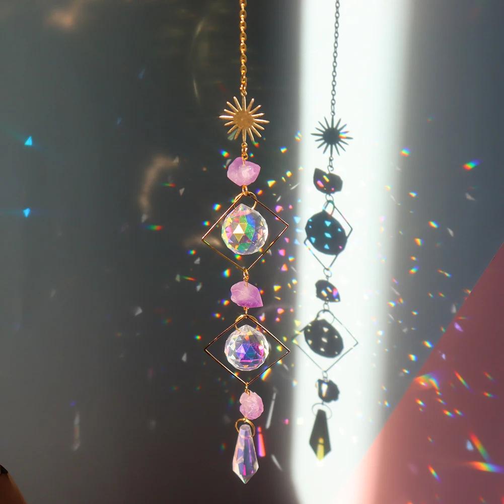 Crystal Wind Chime Star Moon Sun Catchers Windchimes Plated Colorful Beads Hanging Drop for Outdoor Indoor Garden Decor Craft