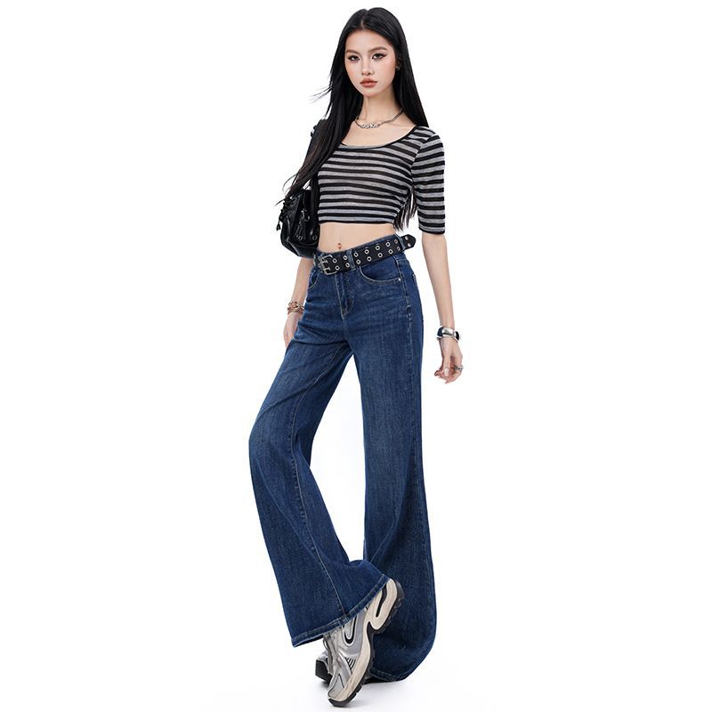 Spring Summer High Waist Stretch Minimal All Match Slim Floor Wide Leg Denim Pants For Ladies Casual Pants Oversize Denim Trousers
