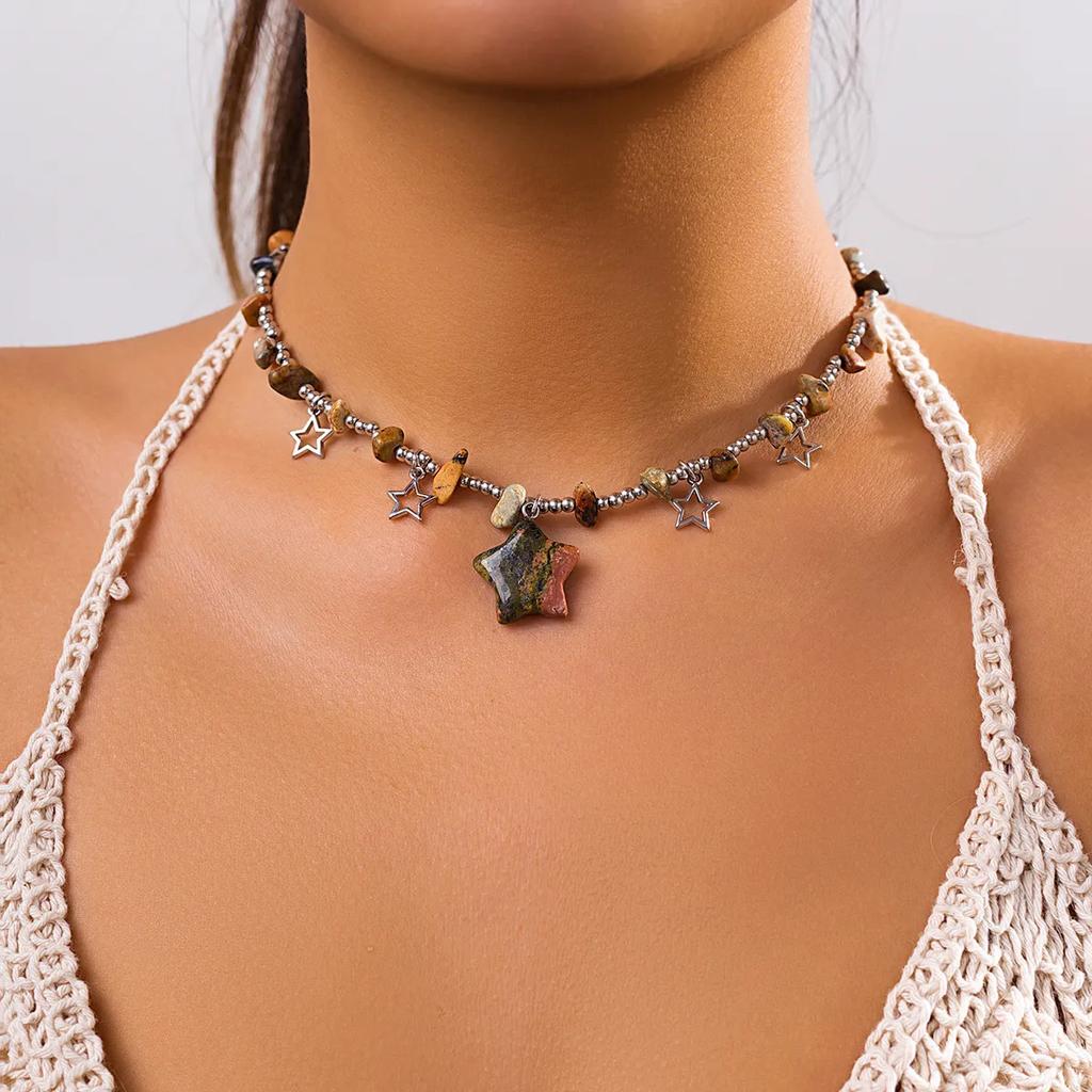 Boho Kpop Colorful Irregular Natural Stone Hollow Star Pendant Choker Necklace Women Goth Beads Chain Y2K Jewelry Accessorie New