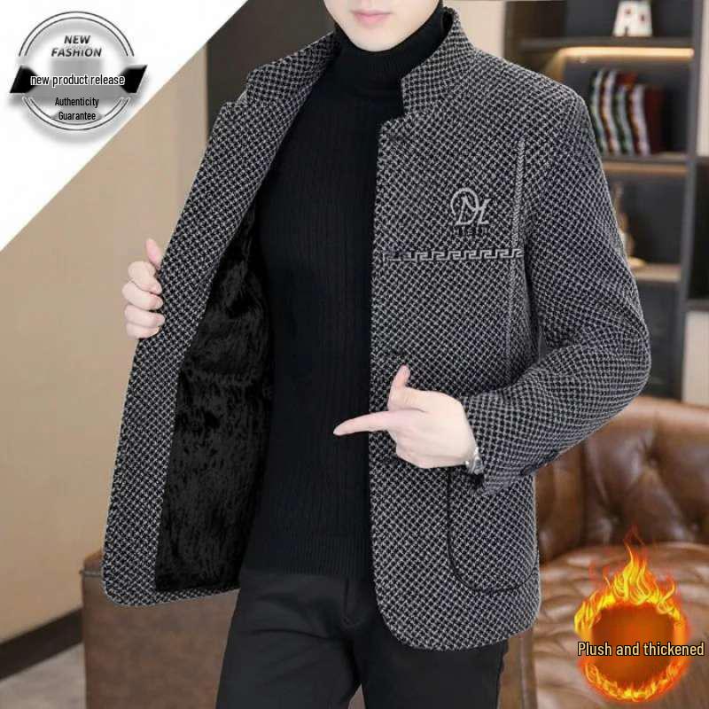 Herren Winter 2026 Wollmantel mit Stehkragen und Samtbesatz