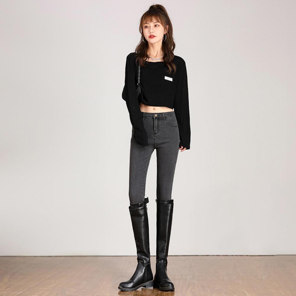 

Casual high-waisted jeans women s 2025 thin and tall slim-fitting small feet autumn and winter jeans 32