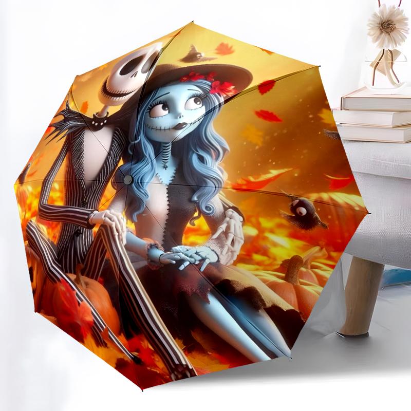 1pc Sturdy 8-Bone Auto Umbrella, Jack Skellington Nightmare Pastel Floral Blue Umbrella, Digital Printed, Foldable Umbrella for On-the-Go Outdoor Use