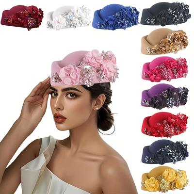 Elegant British Style Floral Rhinestone Beret Cap for Women | Vintage Beanie with Sparkling Pink & White Flowers, Non-Stretch,Hand Wash Only