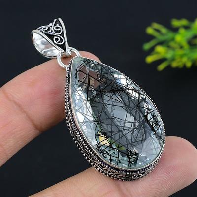 Natürlicher schwarzer Rutil-Edelstein, handgefertigt, 925er Sterling-Silber-Anhänger, 5,7 cm, K3j65