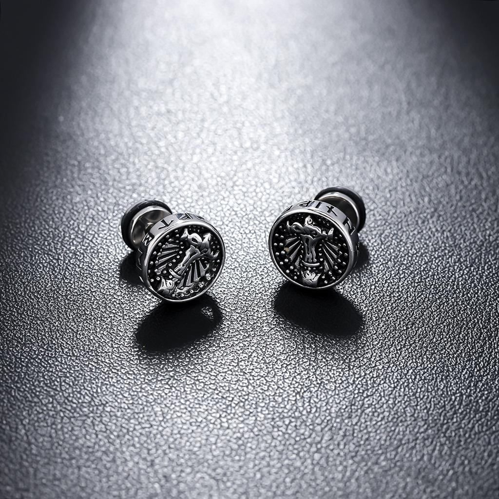 Punk Personality Stainless Steel Engraved Skull Nordic Compass Rune Pattern Stud Earrings for Men Women Does Not Fade Jewelry