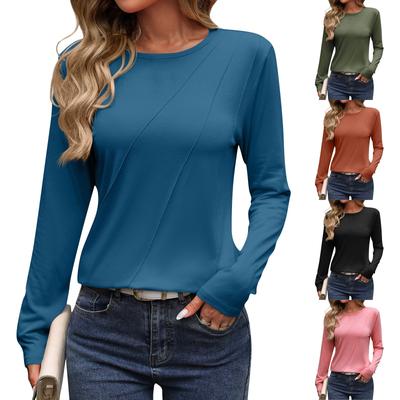 Women's Fashionable Casual Solid Color Round Neck Pleated Long Sleeved Pullover Top