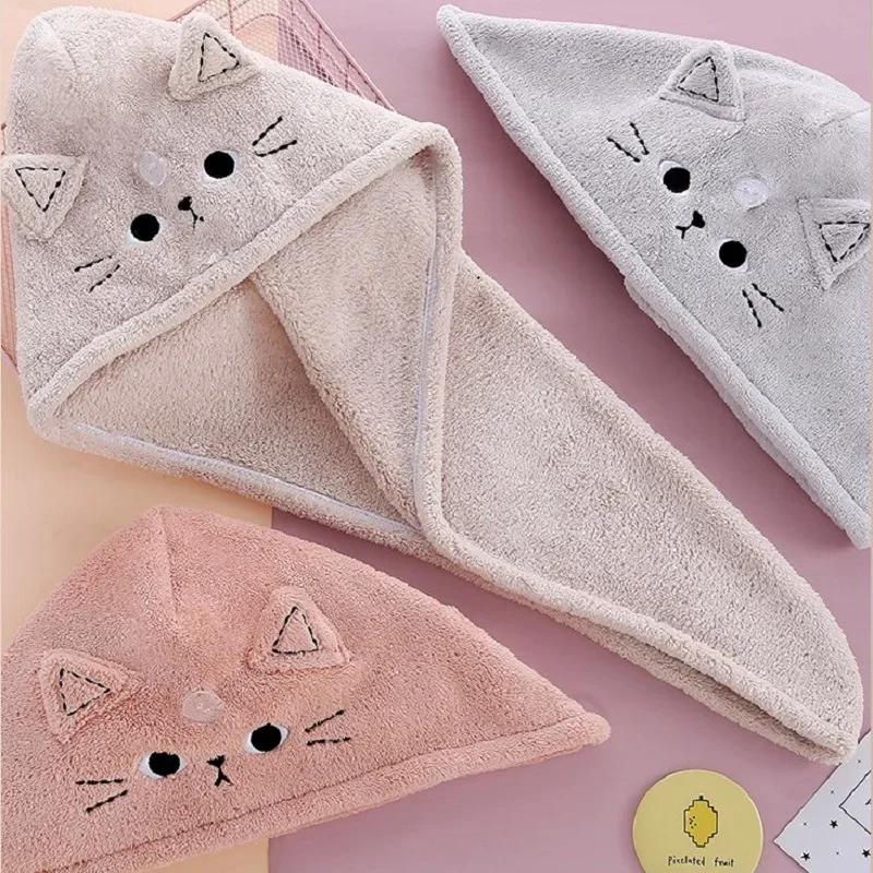 Cute Cat Microfiber Hair Towel Wrap Drying Towels Rapid Turban Funny Towel for Women Girls Curly Long Hair Bathroon Accessories