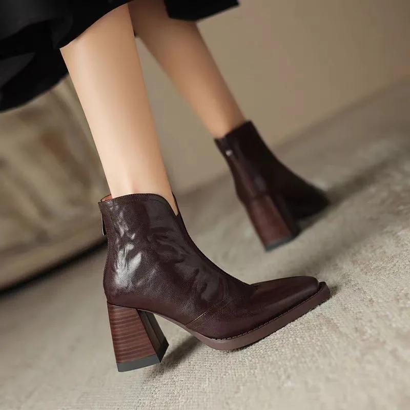 Fashion New Style Luxury Leather Women's Ankle Boots Plush Warm Zipper Close Modern Boots High Heels Shoes Woman's Boots