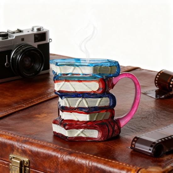 Picture Book Coffee Cup 3D Book Stacking Novel Inspired Mug 420ml Hand-Drawn Artistic Literary Mug for Book Lovers Teachers Librarians