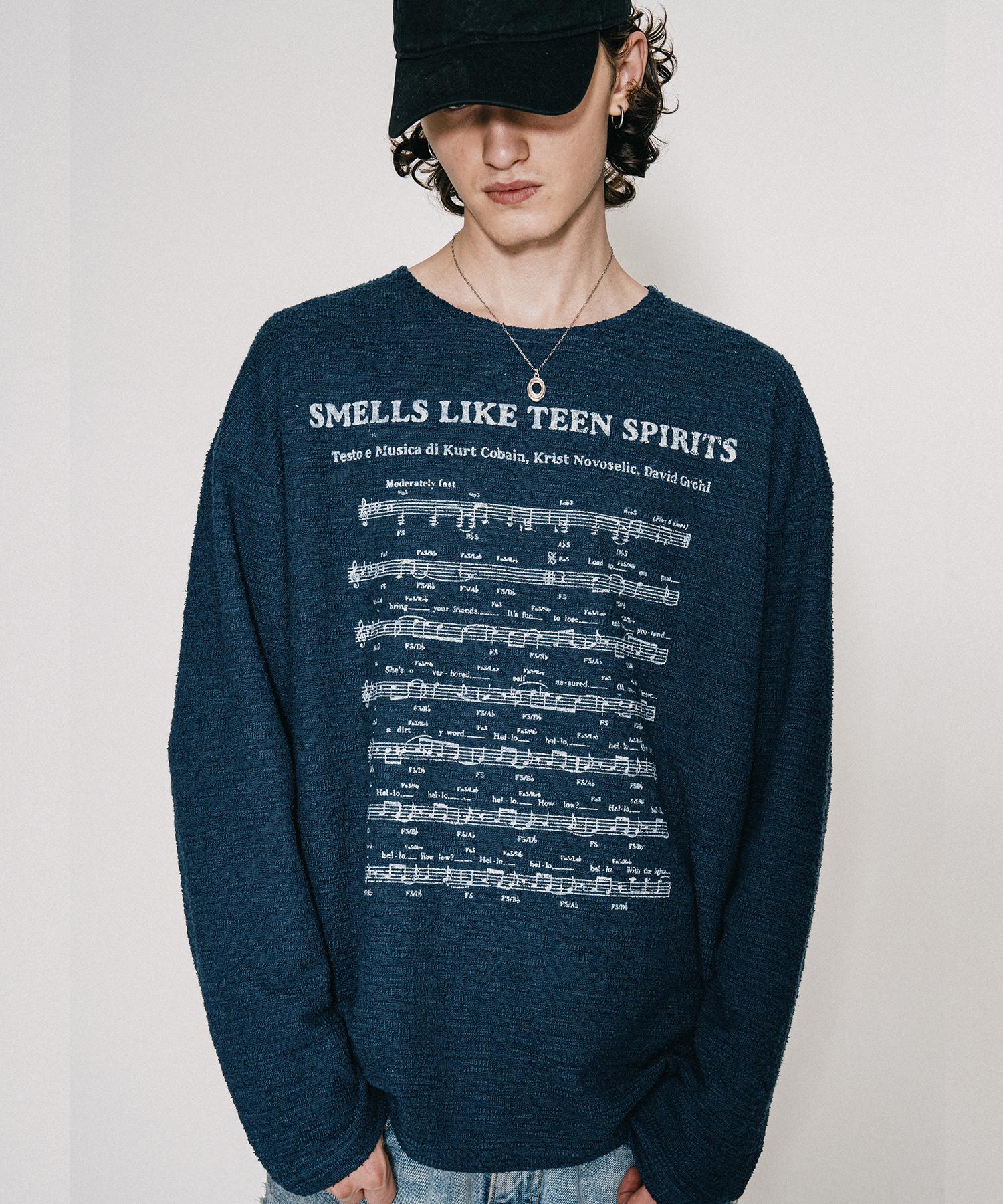 Bastic Music Score Grunge Boucle Knit_Navy M