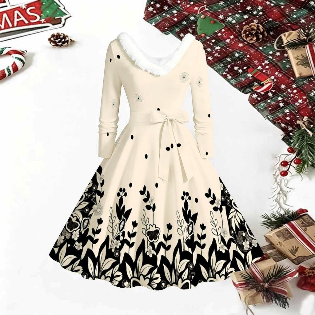 Women Polka Dot Print Midi Dress, Long Sleeve V‑Neck Furry Trim A‑Line Party Dress, Christmas Limited Edition