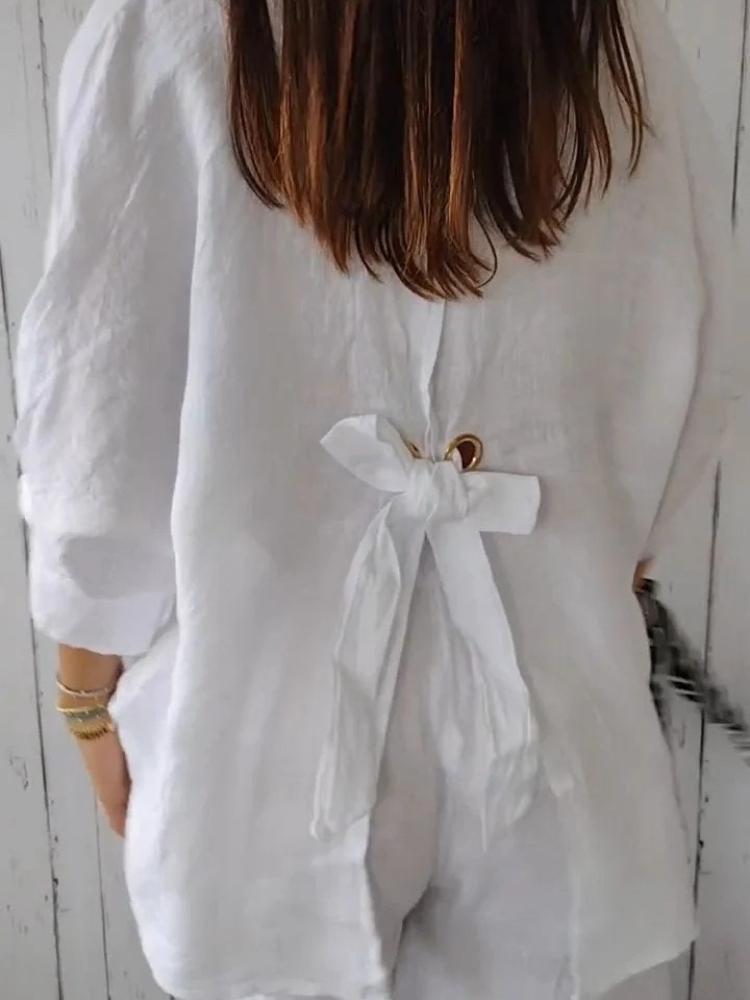 Cotton and Linen Blouse for Women, with A Back Tie Design Shirt
