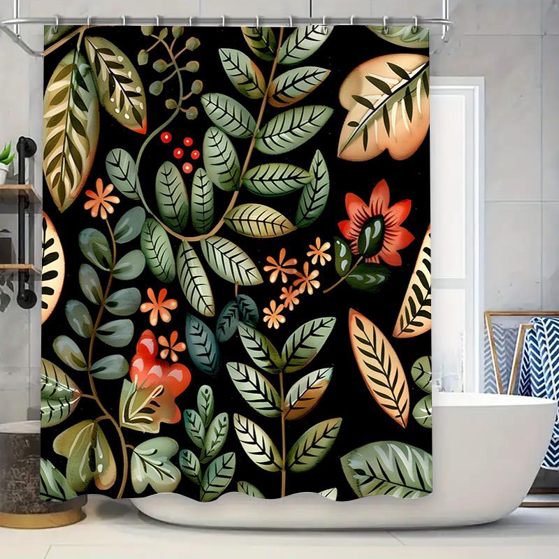 

Artistic Floral Shower Curtain With Green Leaves Black Background Bathroom Decor For Home Decoration Customizable Size Options A W60H190(CM)-1 Pcs
