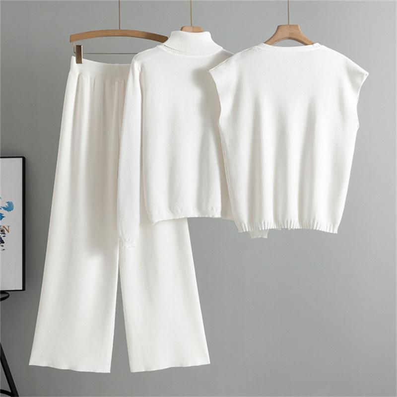 Women'S Spring And Autumn Casual Suit Fashionable High Neck Sweater Cardigan Vest Wide Leg Pants Knitted Three Piece Set