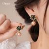 Silver Needle Retro Hong Kong Style Zircon Dripping Oil Flower Pearl Earrings Stud Earrings Temperament Earrings Women