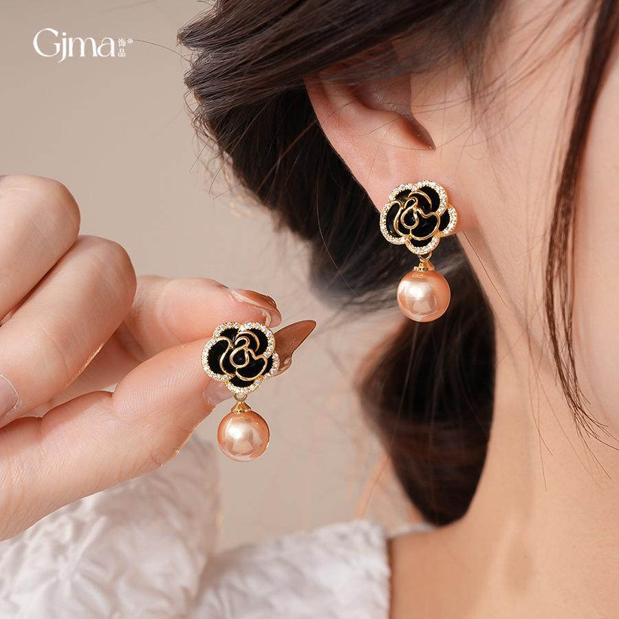 Silver Needle Retro Hong Kong Style Zircon Dripping Oil Flower Pearl Earrings Stud Earrings Temperament Earrings Women