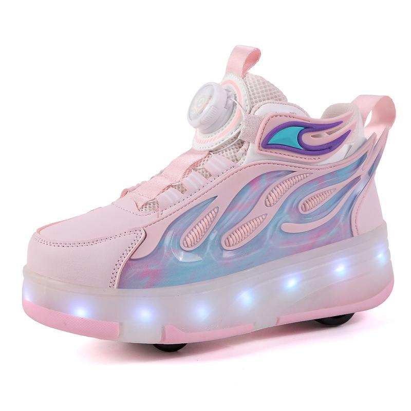 2025 Spring and Autumn New Children's Charging Light Shoes Sports Skates Runaway Shoes Four-wheel Pulley Shoes Button Sports Shoes