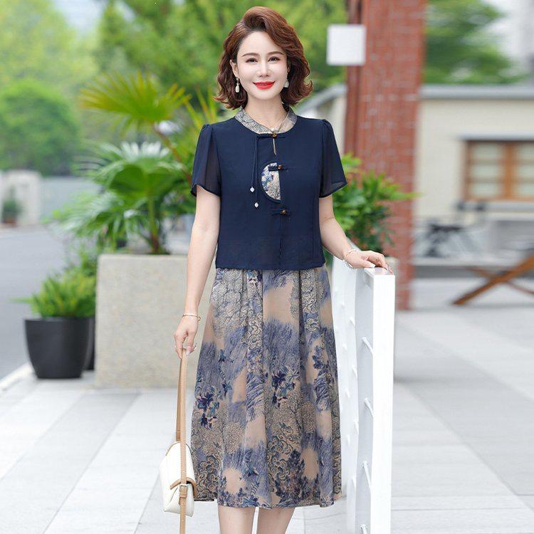 Robe élégante à manches courtes pour femmes d'âge moyen et âgées - Nouveau style chinois et national, Été, Coupe ample, Option grande taille
