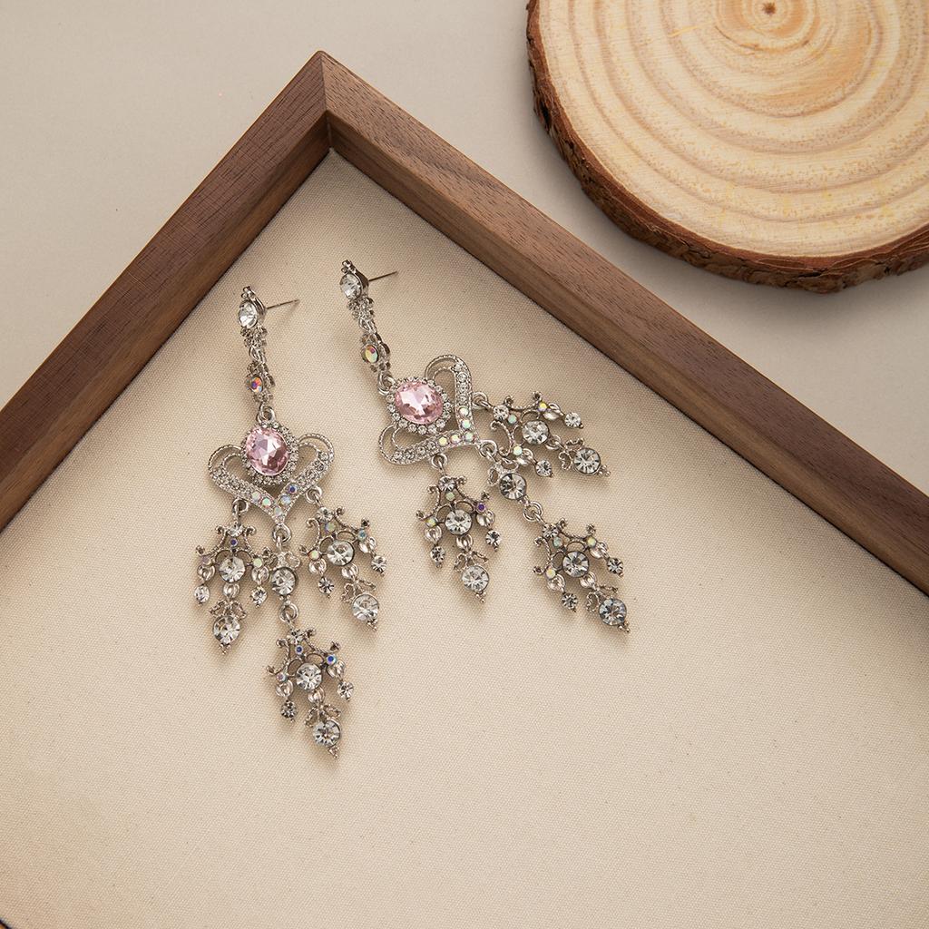 Super Fairy Pink Diamond-Encrusted Love Water Drop Earrings, Retro Baroque Long Sweet Fringed Temperament Earrings