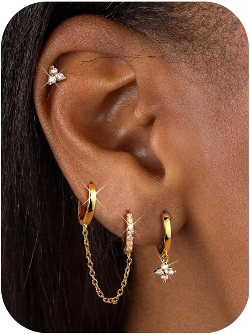 

Bobisty 3/4 Pairs Stud Hoop Earrings Sets for Women 14K Gold Plated Surgical Steel Dangle Cartilage Helix for Multiple Piercing