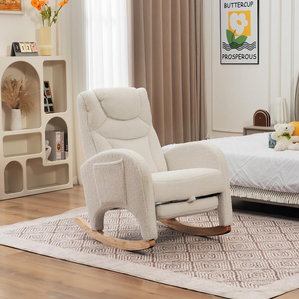 052 Rocking Chair, Recliner, Living Room Chair with Armrest, Upholstered, Accent Chair for Bedroom, White Teddy Fabric, 110 Kg Load Capacity