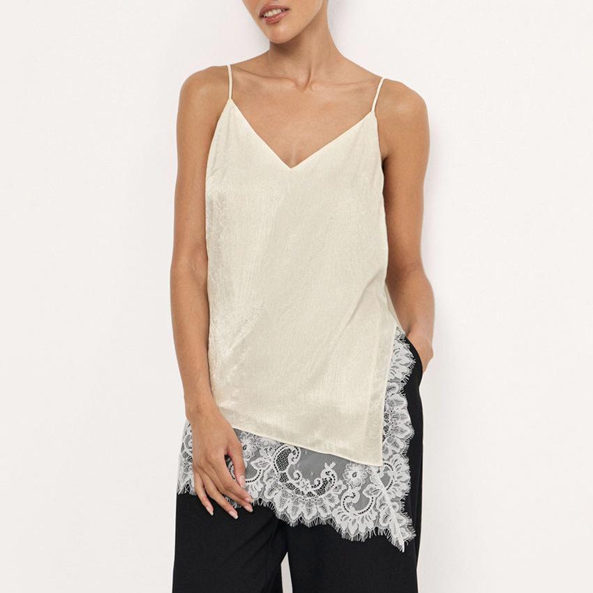 Summer V-Neck Lace Splicing Camisole For Women Elegant Trim Satin Cami Top Spaghetti Strap Shirt Tops