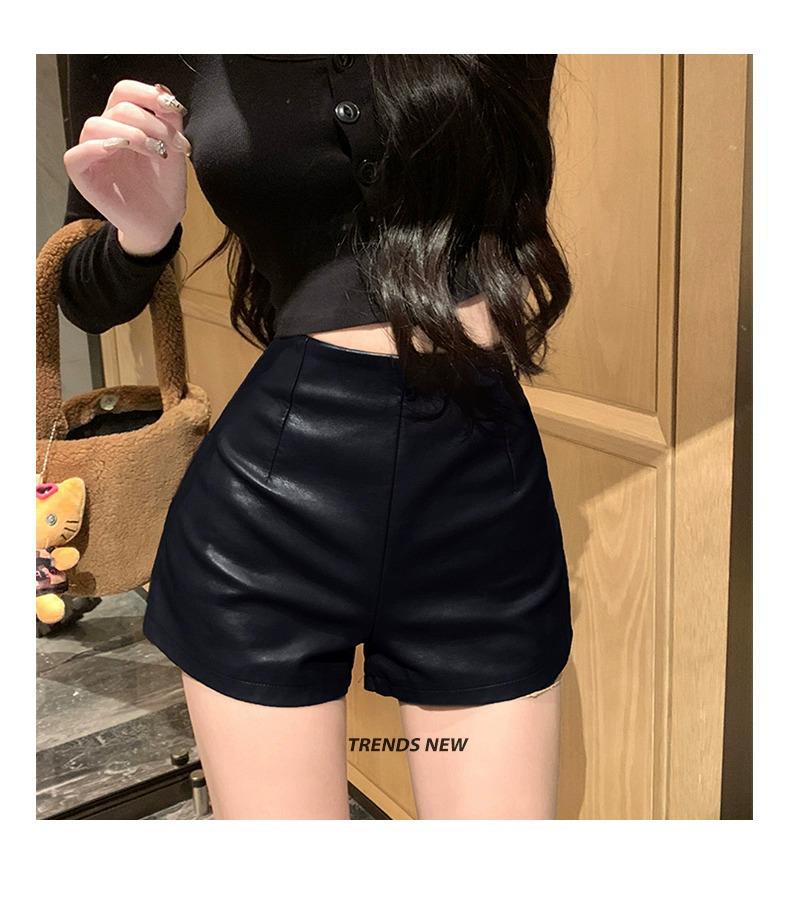 Women's 2023 High Waist Black Leather Shorts - Slim Fit A-line Hot Pants
