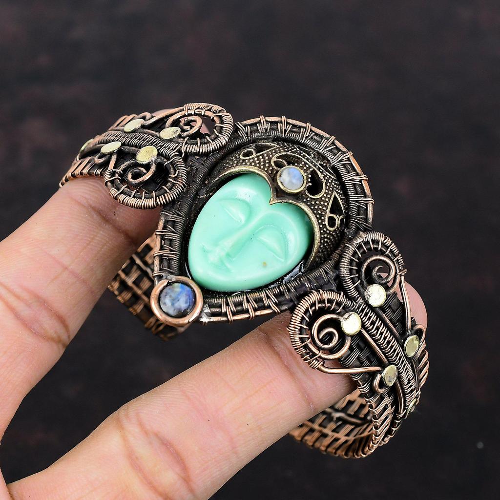 Green Carved Bone Face Cuff Bracelet Gemstone Bangle Copper Wire Wrapped Adjustable Cuff Bracelet Handmade Moonstone Bangle Copper Jewelry