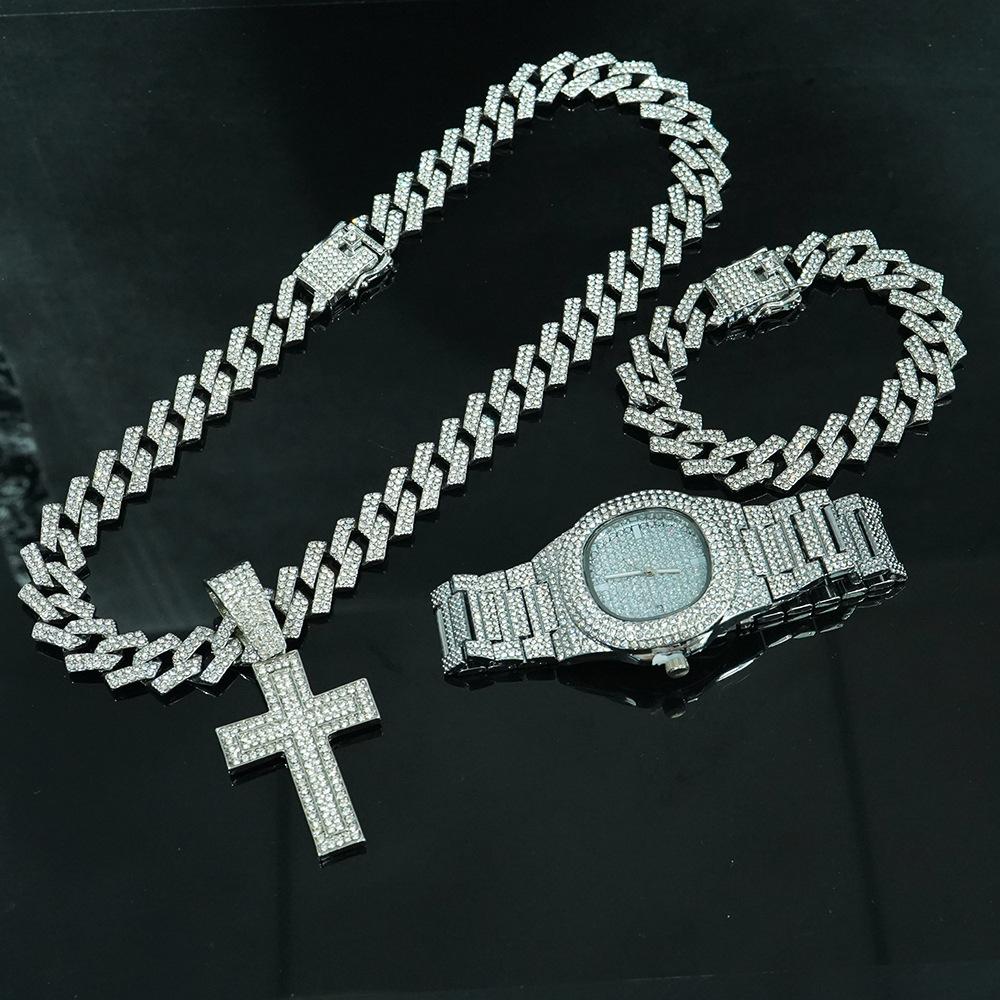 Set Collana Bracciale Catena Cubana Diamantata da Uomo 15mm Hip Hop Moda alla Moda Ciondolo Regina con Collane Catene Moda Complete