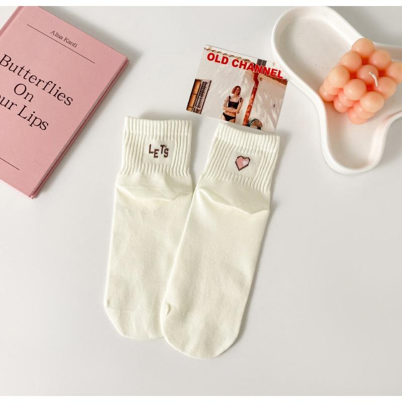 Spring Versatile Letter Heart Mid-calf Socks for Ladies, Breathable Cotton Socks