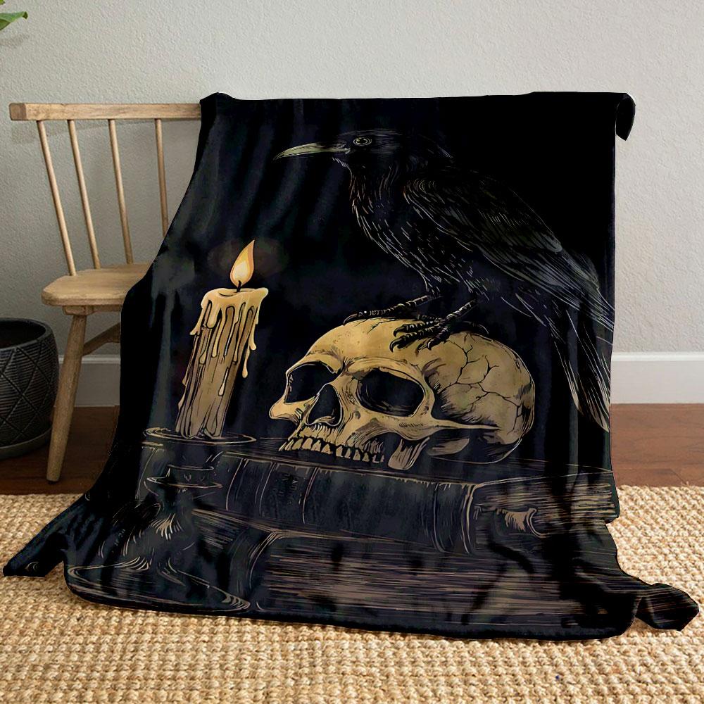 Raven and Skull with Candlelight Patterned blanket, flannel, suitable for all seasons, home decor, warm and cozy