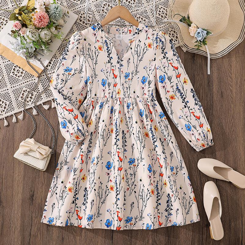 

Girl Long Sleeves Floral Print Dress Children Kid Casual Princess Dresses Clothes 9Y бежевый