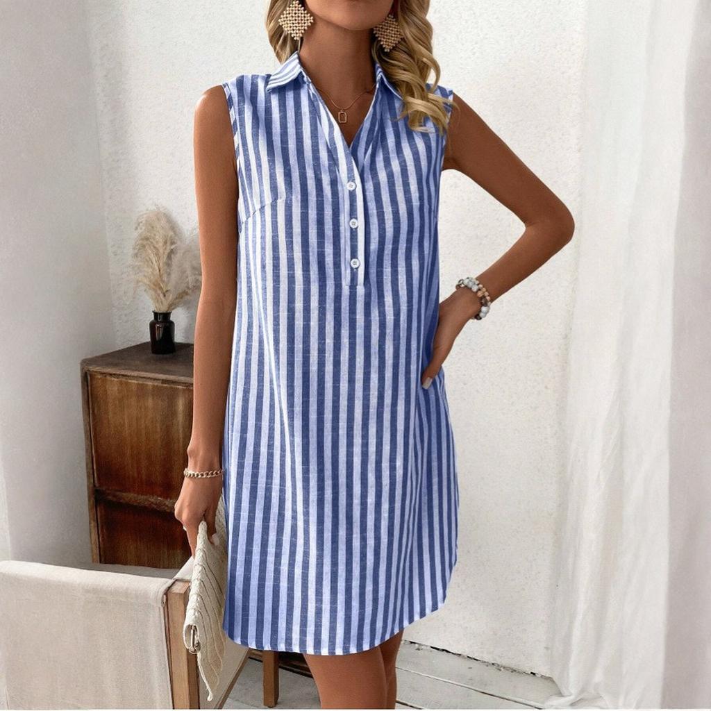 Women's Fashion Striped Sleeveless V-neck Button Loose Shirt Dress