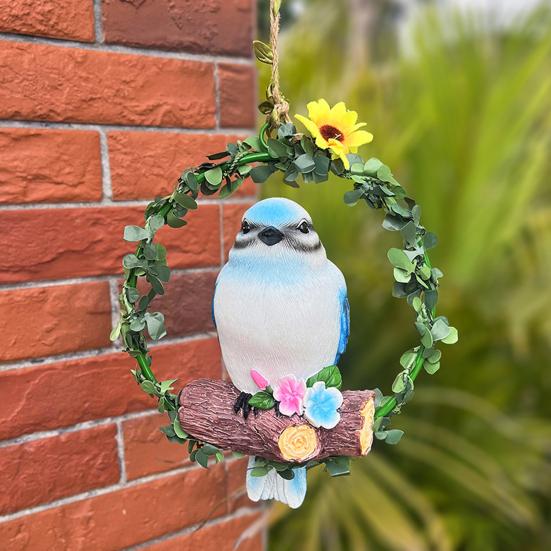 Bird On Wreath Figurine Resin Bird Hanging Decoration Garden Tree Hanging Bird Statue for Patio Porch Terrace Windows