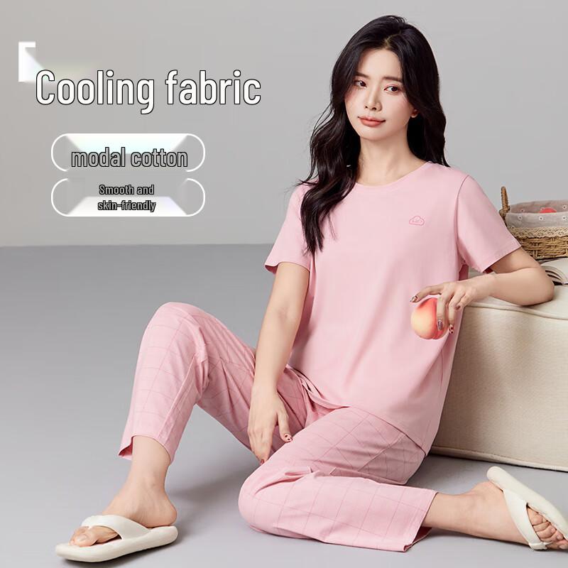 Women s Modal Cooling Short Sleeve Loungewear Set L вишневый розовый