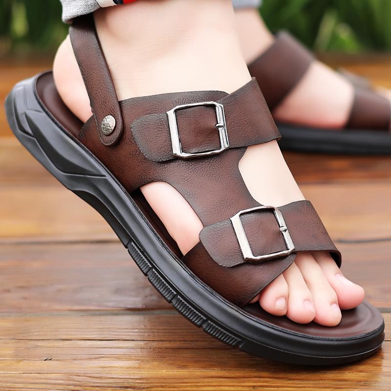 Casual Fashion Men Shoes Slip-On Leather Soft Non-slip Beach Summer Double Buckle Sandals Slippers Flats Flip Flop Walking Shoes