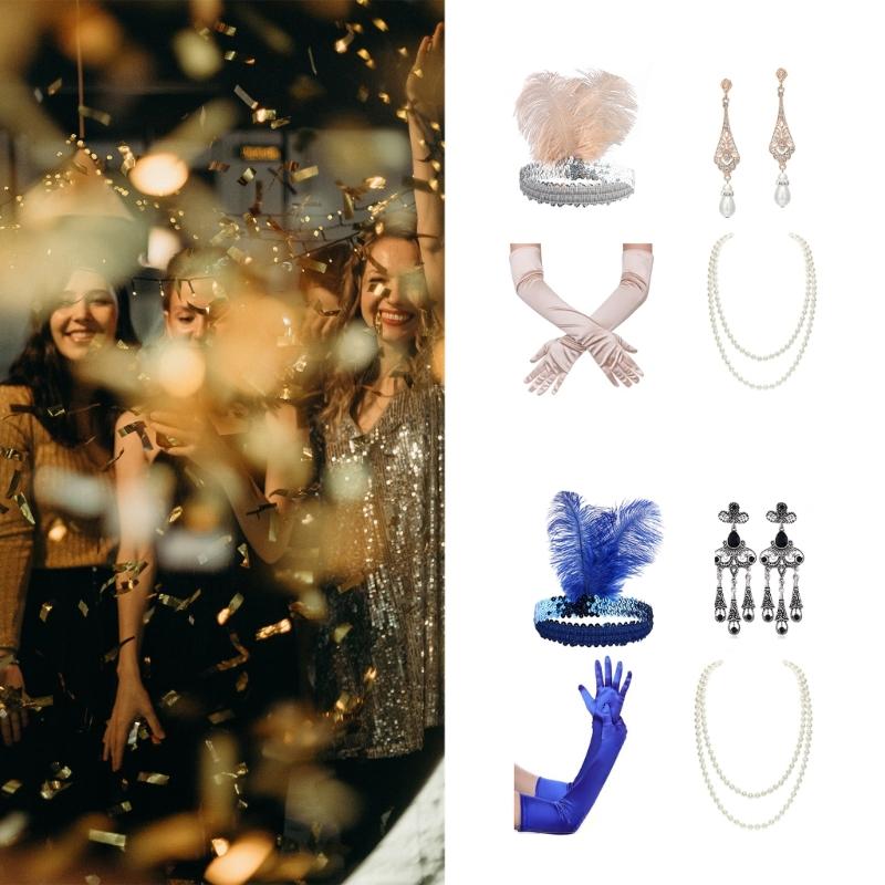 Punk Hair Hoop with Etiquettes Glove Carnivals Prom Party Earring&Pearl Necklace