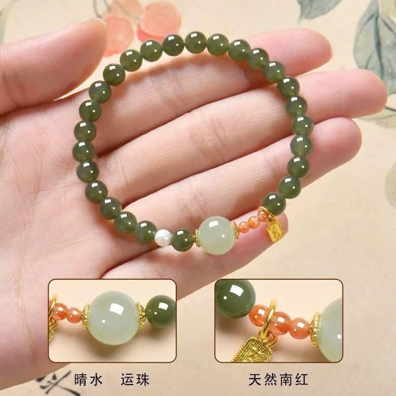 Natural Hetian Jade Bracelet for Women, Chinese Style National Style Southern Red Agate Bracelet, High-Quality Green Jade, Gift for Girlfriend