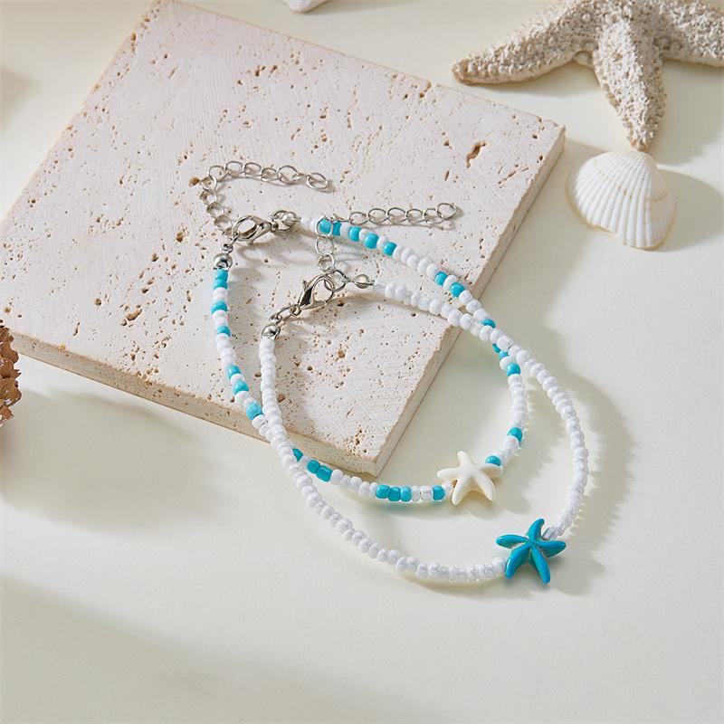 Cute Blue Starfish Beaded Anklets Set for Girls Matching Handmade Elastic Foot Bracelets Summer Holiday Jewelry Best Friend Gift