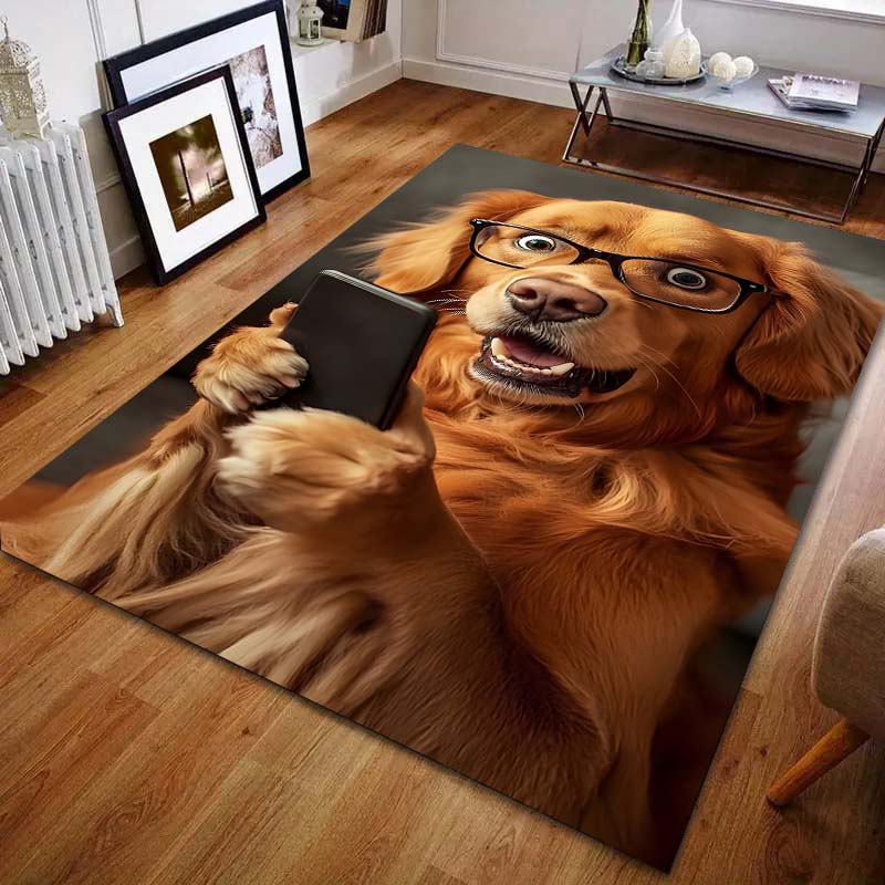 Lustiger Welpe schaut aufs Handy Druck Teppich für Schlafzimmer Wohnzimmer Bettseite Sofa Bodenmatte Moderne Heimdeko Bereichsteppich