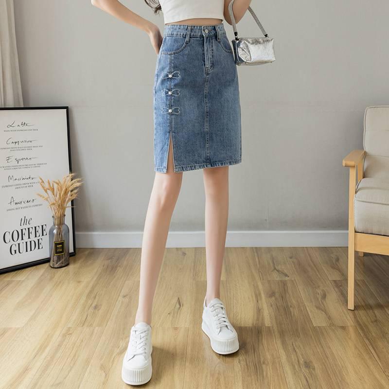 Women's High-Waisted Beaded Denim Mini Skirt - A-Line, Mid-Length with Slit, Slimming Bodycon Style, Perfect for Summer 2025