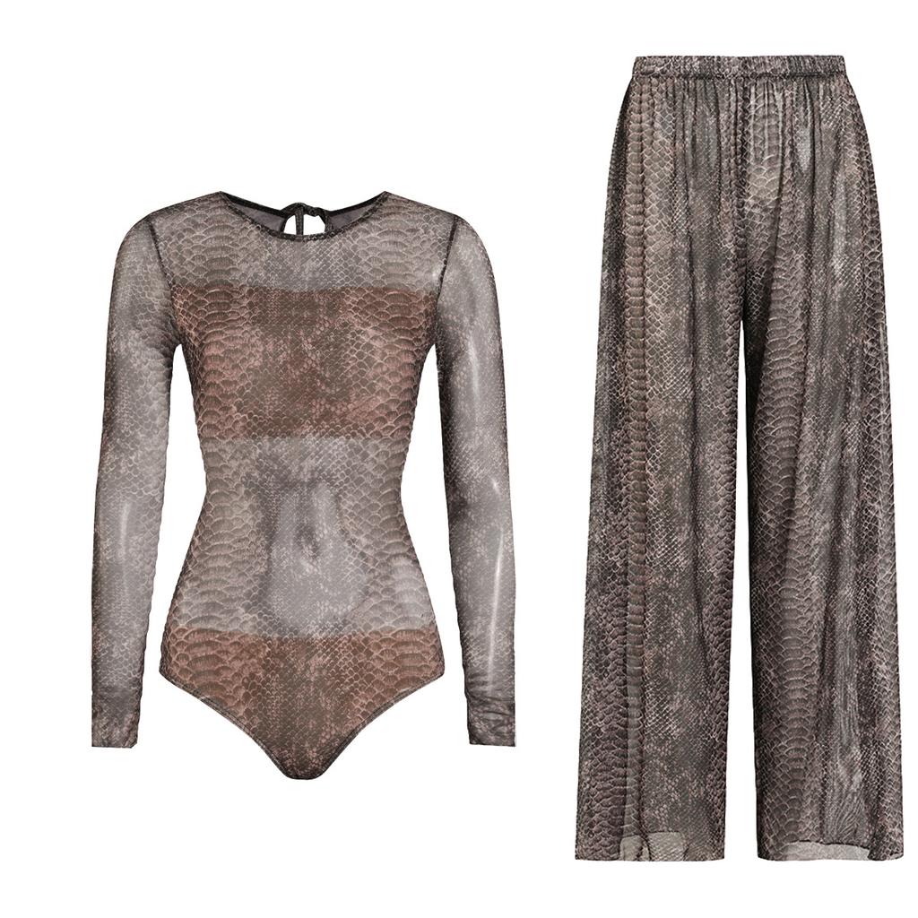 Long-sleeved Sunscreen Swimsuit Women's High Elastic Thickened Mesh Loose Trousers European and American Swimwear Fitness One-piece