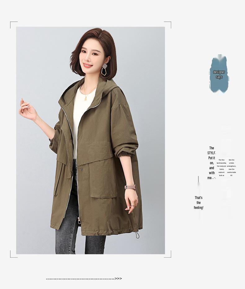 2024 Plus-Size Mid-Length Hooded Trench Coat for Women: Loose, Casual, and Fashionable Spring/Autumn Style Outerwear for Moms.